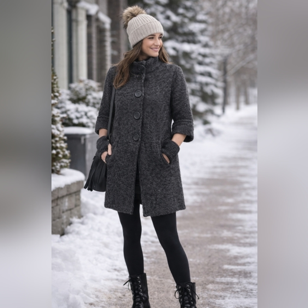 Charcoal Gray Alpaca Blend Chunky Knit Sweater Coat Snap Front Sz L